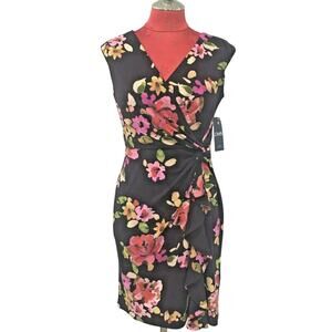 NWT Chaps faux wrap style dress Petite S purple pink floral stretch sleeveless
